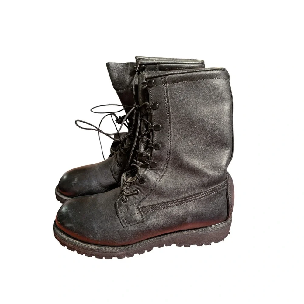 Mens Black Leather Military Combat Boots Vibram Lug Sole Lace Up Size 8.5 R
